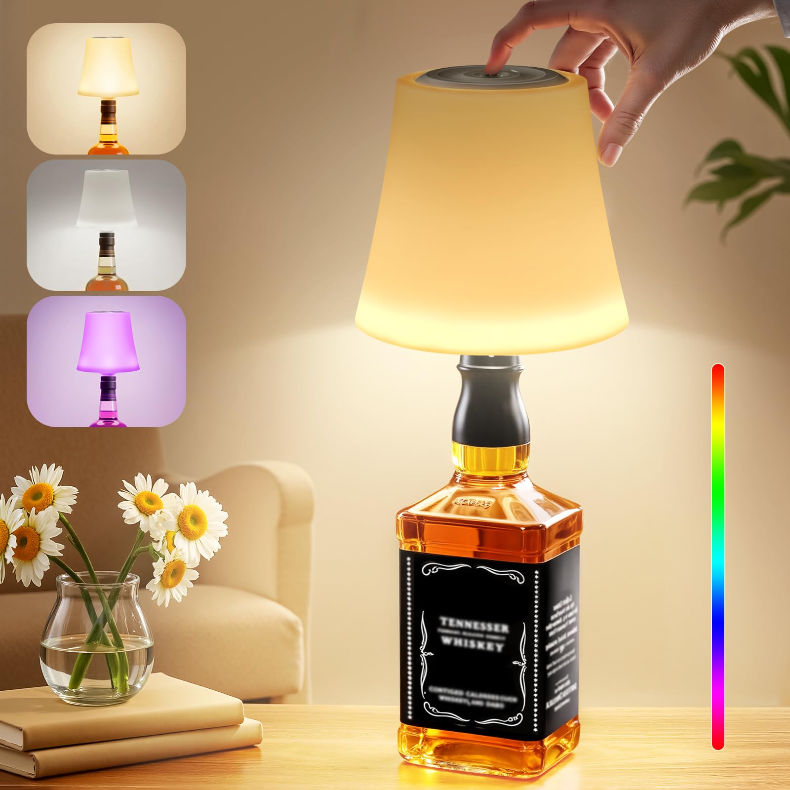Ledronix LED Flaschenlampe Kabellos, IP54 Aufladbar Akku Flaschenlicht Aufsatz, 3 Farbmodi mit RGB Tischlampe Stufenlose Dimmbare Nachttischlampe für Esszimmer, Wohnzimmer, Schlafzimmer