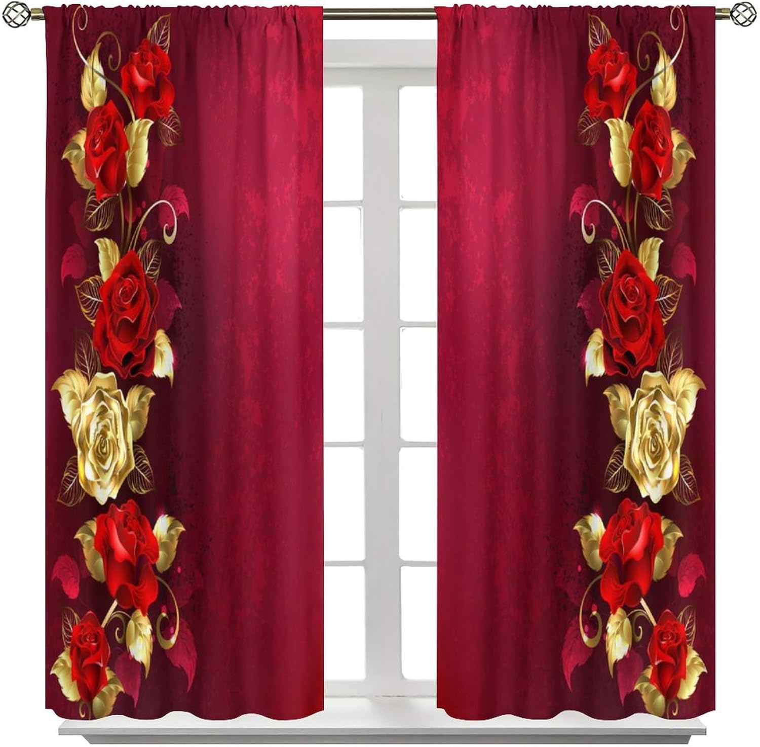 Rose Curtains Romantic Red and Golden Flowers Leaves Pattern Blackout Print Rod Pocket Window Drapes for Bedroom Living Room 42x54in