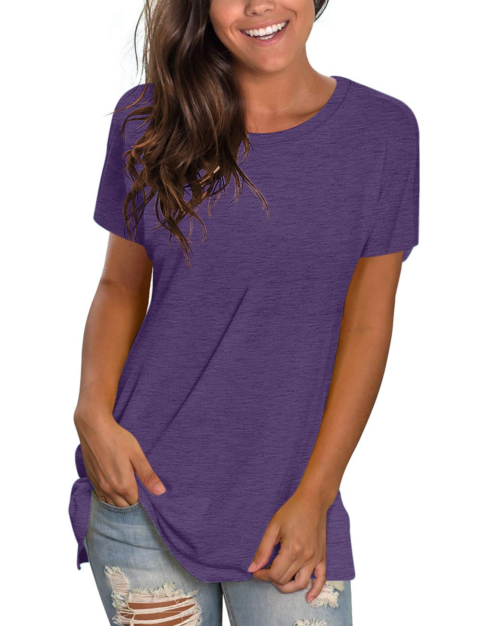 WNEEDU Womens T Shirts Short Sleeve Crewneck Loose Summer Tees Basic Tops