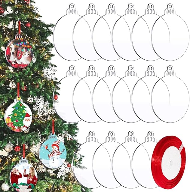 Christmas Acrylic Baubles Blanks, 18 Pcs 3 Inch Clear Round Acrylic Hanging Christmas Tree Decoration Ornament Bauble DIY Blank with Red Ribbon