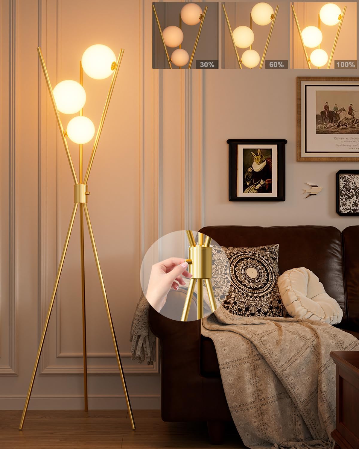 3 Globe Dimmable Tripod Floor Lamp, Mid Century Standing Lamps with 3Pcs 3000K Bulbs Included, Modern Tall Lamp for Living Room Bedroom Office-Gold