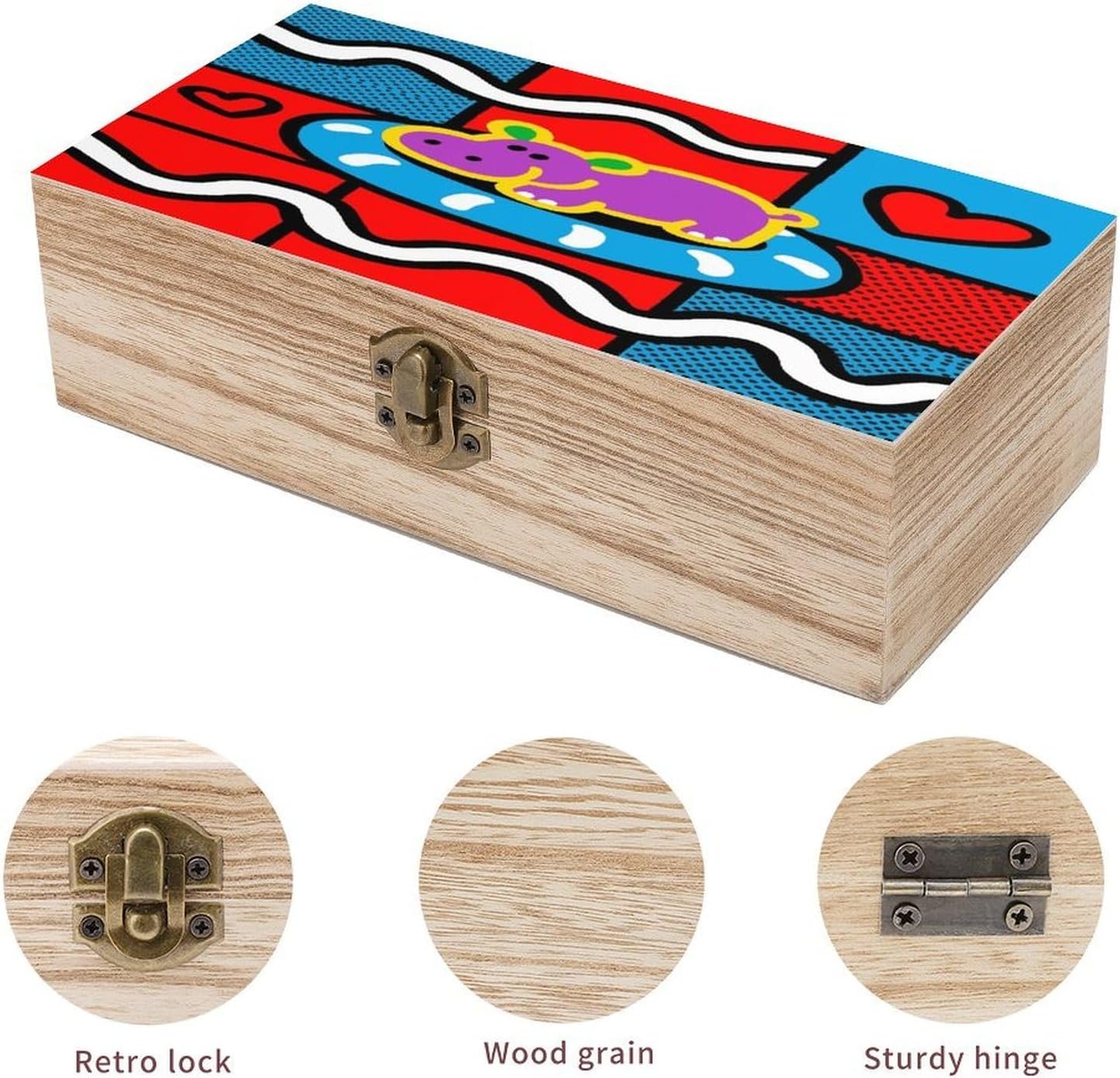 Art Hippo Heart Wooden Storage Box Keepsake Box with Hinged Lid image 3