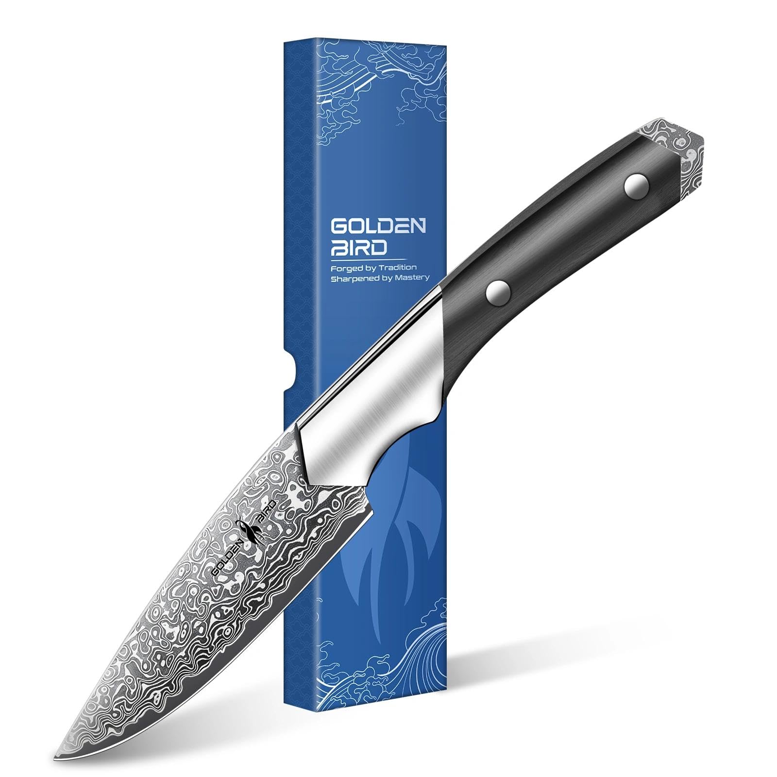 Golden Bird 10cm Gemüsemesser, Japanisches Schälmesser Obstmesser, Hergestellt aus 67-lagigem japanischem Damast-Stahl, Kohlenstoff-Superstahl Küchenmesser klein - Schwan-Serie- Geschenke für Männer