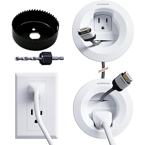 ECHOGEAR in-Wall Cable Management Kit for Power & Low Voltage Cords – Hide TV Wires Behind The Wall – Includes 3.75” Diameter x 3.25” Depth Modules, 6ft Extension Cord, Drywall Hole Saw Attachment