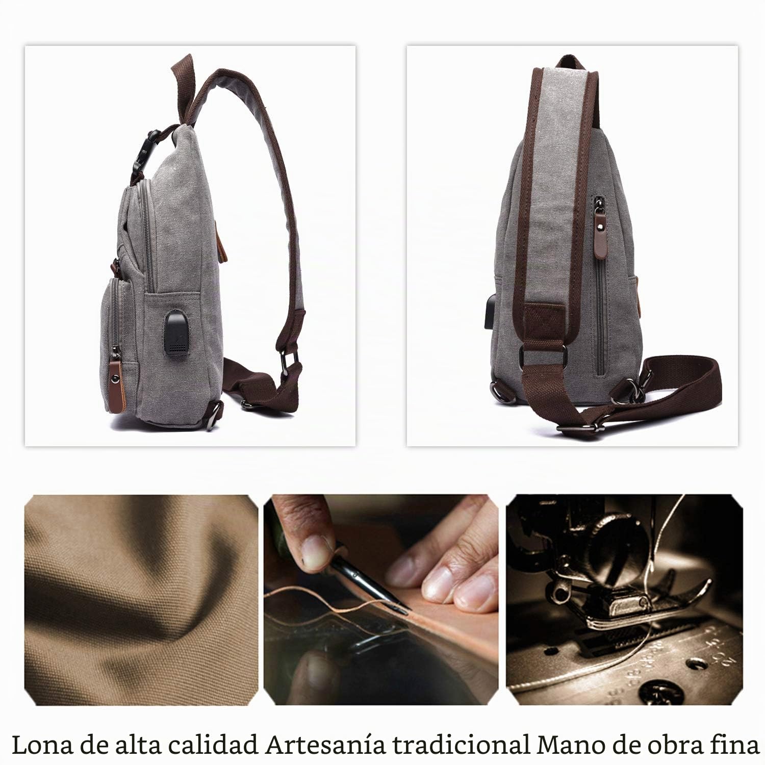 FANDARE Bolsa de Pecho Hombre Bolsa de Lona Bolsa Deportiva de Hombro Bandoleras Cruzada con USB Bolsa de Mochila,Mochilas Pequeñas para Ciclismo,Acampada,Viaje
