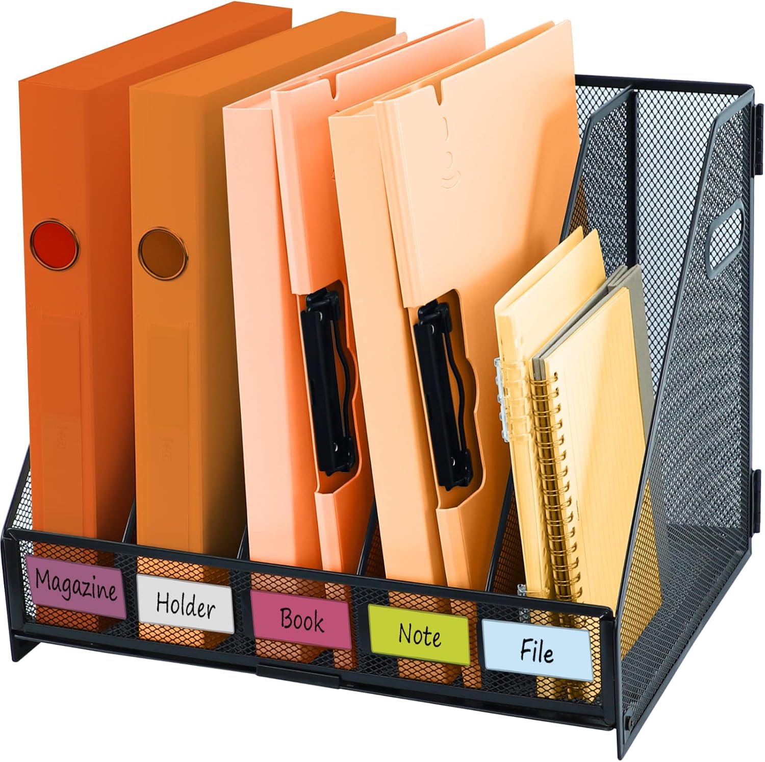 Magazine file holder for desk with 5 Vertical Compartments Folder Storage Binder Organizer for Office Home School Organization, Black