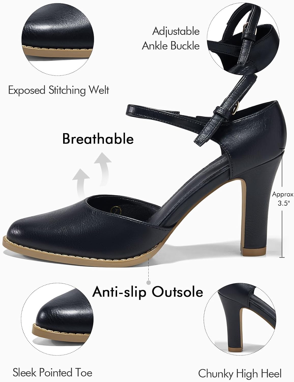 Coutgo Womens Chunky High Heels Closed Pointed Toe Ankle Strap Pumps Vintage D'Orsay Dress Party Shoes - Image 5