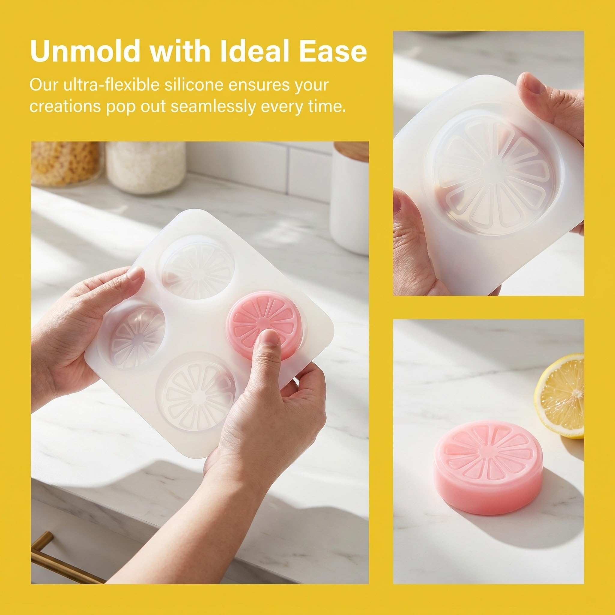 Lurrose Molde de silicona con forma de limón de 3 piezas: Bandeja para hornear con forma de fruta de 4 cavidades - Moldes para hornear para chocolate, dulces, adornos para cupcakes, herramienta de