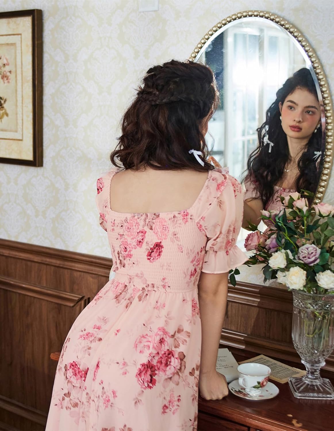 Scarlet Darkness Floral Dress for Women Summer Puff Sleeve Square Neck A Line Flowy Wedding Guest Tea Party Dresses - Image 5