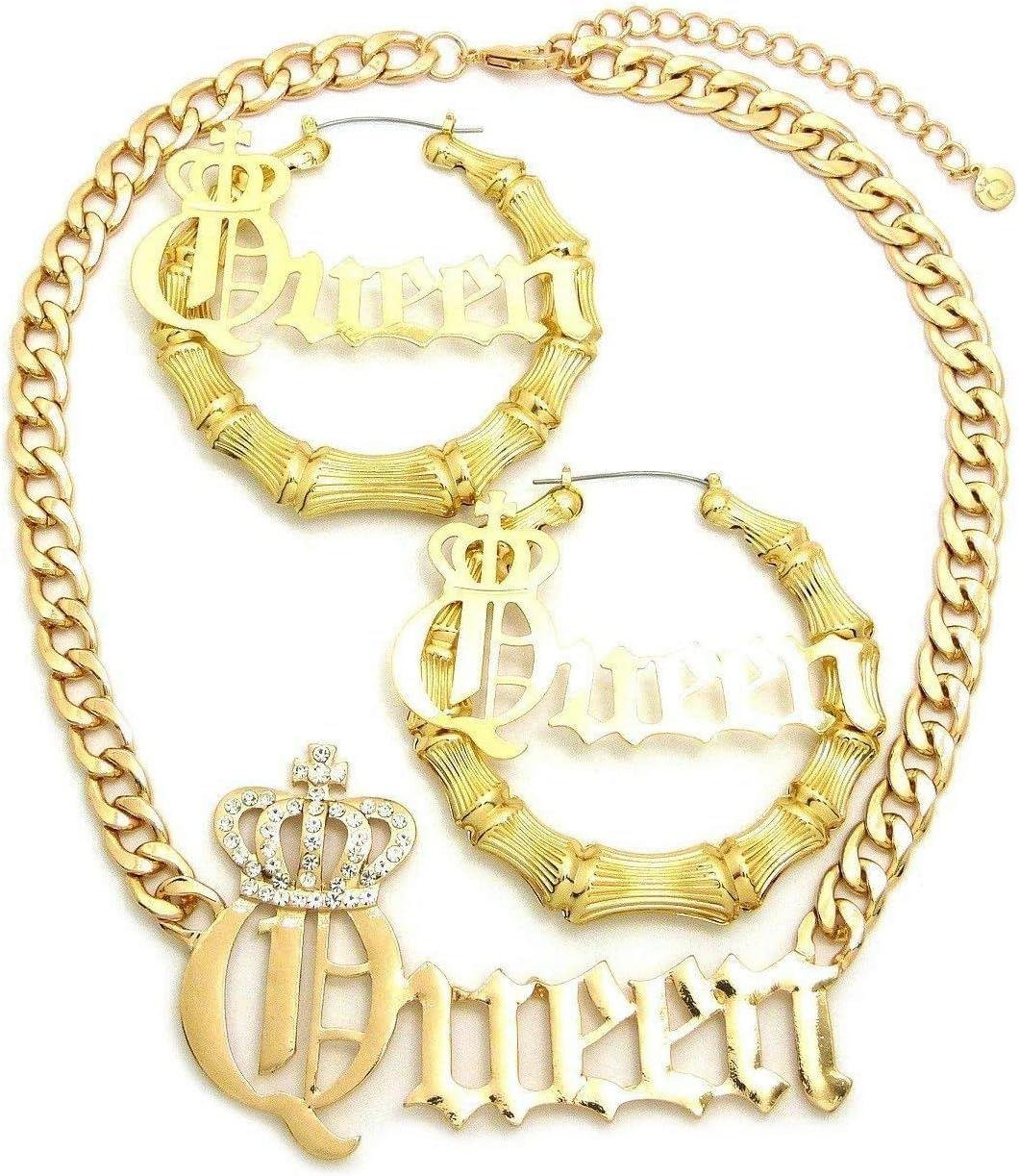Women's Gold plated Statement Queen Bling Necklace & Bamboo Pierced Earring Set