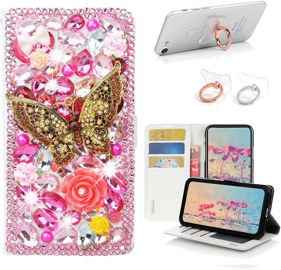 STENES Bling Wallet Phone Case Compatible with Samsung Galaxy S20 - Stylish - 3D Handmade Retro Butterfly Rose Floral Leather Cover with Ring Stand Holder [2 Pack] - Pink