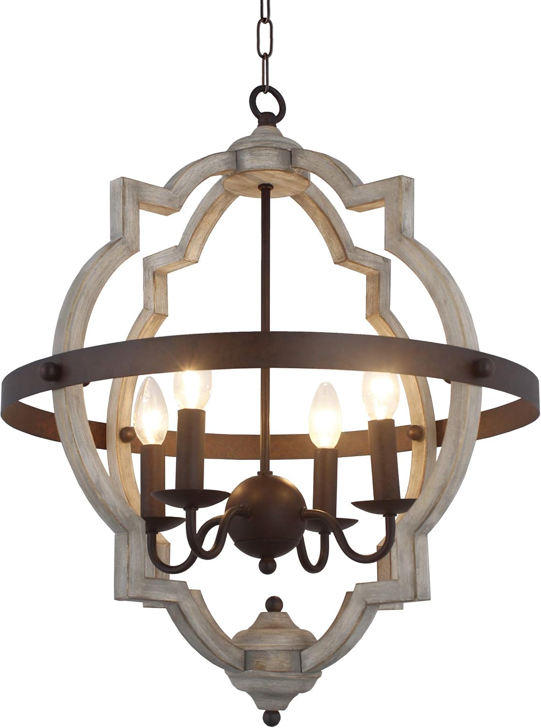 21" Vintage Rustic Large Quatrefoil Chandelier Pendant Light French Country Wood Metal Wine Barrel Foyer (4 Light Heads) Rustic Iron Ceiling Light Fixture