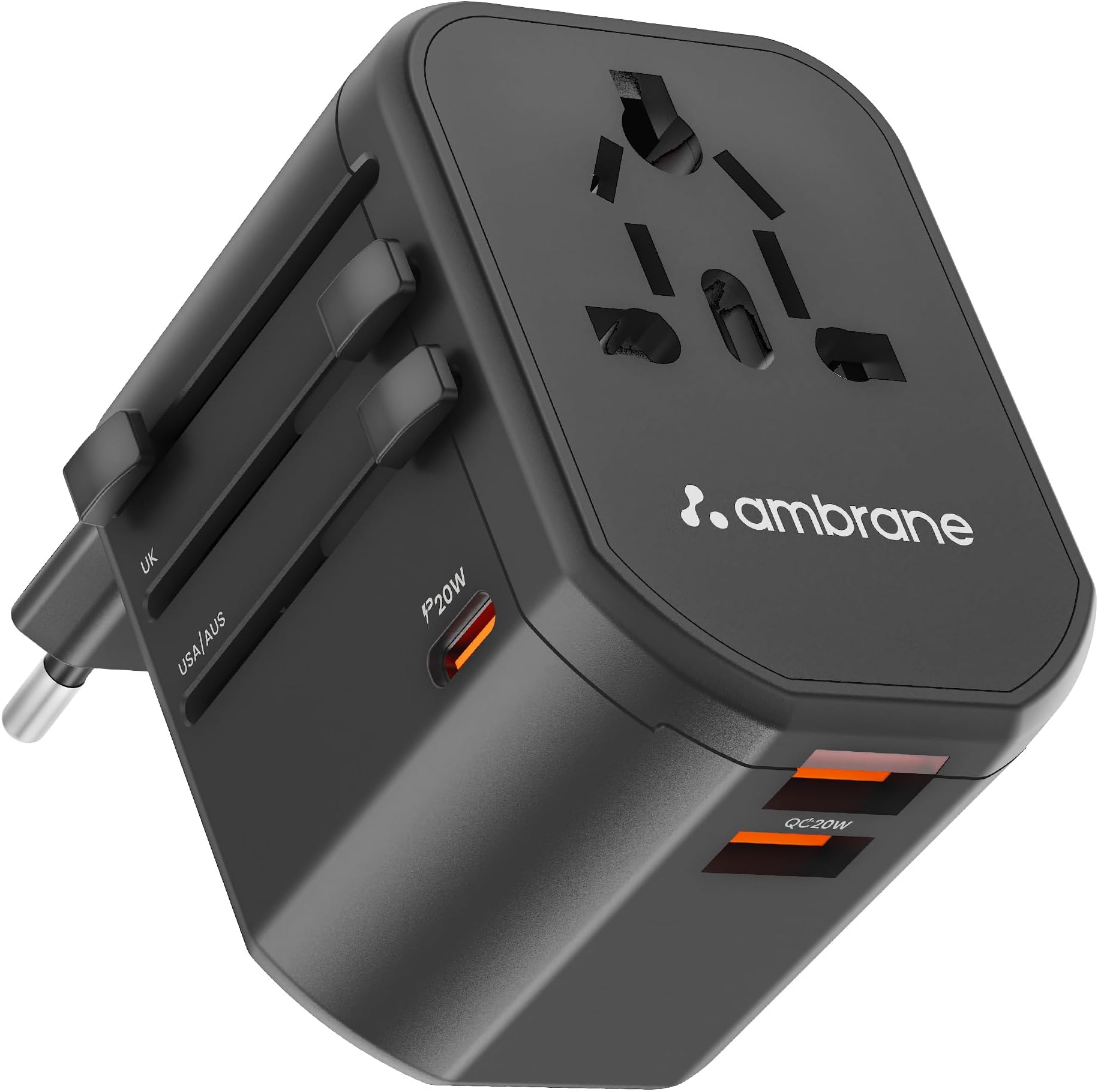 Ambrane Universal Travel Adapter,4 in 1 Fast Charging; 1 Type C (20W),2 USB (20W) & 1 AC Socket (880W) with 3 Removable Pins for EU,UK and USA/AUS and Other Countries for Modern Travel (ATA-01),Black