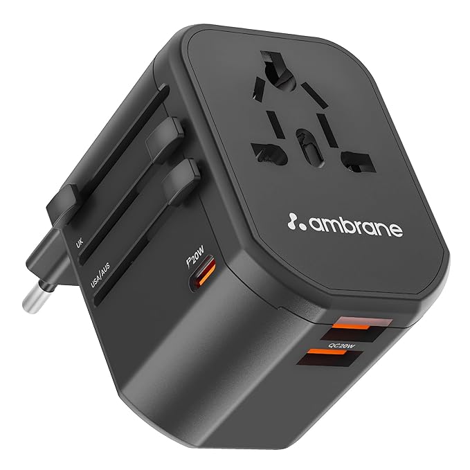 Ambrane Universal Travel Adapter,4 in 1 Fast Charging; 1 Type C (20W),2 USB (20W) & 1 AC Socket (880W) with 3 Removable Pins for EU,UK and USA/AUS and Other Countries for Modern Travel (ATA-01),Black