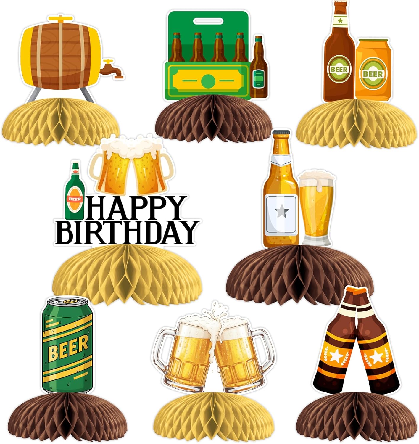 JOYMEMO 8Pcs Beer Birthday Honeycomb Centerpieces for Women or Men - Oktoberfest Themed Happy Birthday Double-Sided Decorations, Brew Beer Table Toppers Party Supplies