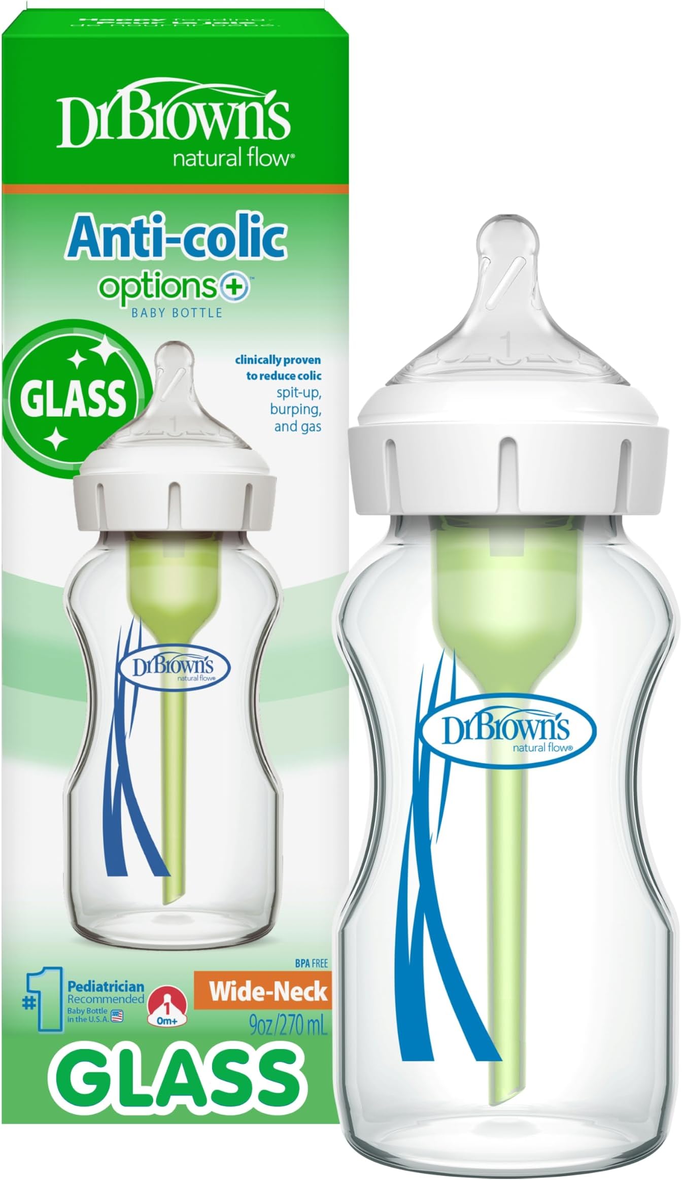 Dr. Brown's Anti-Colic Options+ Wide-Neck Glass Baby Bottle, 9 oz, 1-Pack
