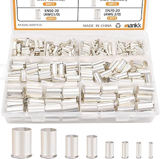 mankk 305Pcs Silver Plated Copper Wire Ferrules Kit - 8 AWG Sizes (1/0-12) Insulated Crimp Terminals for Secure Wiring