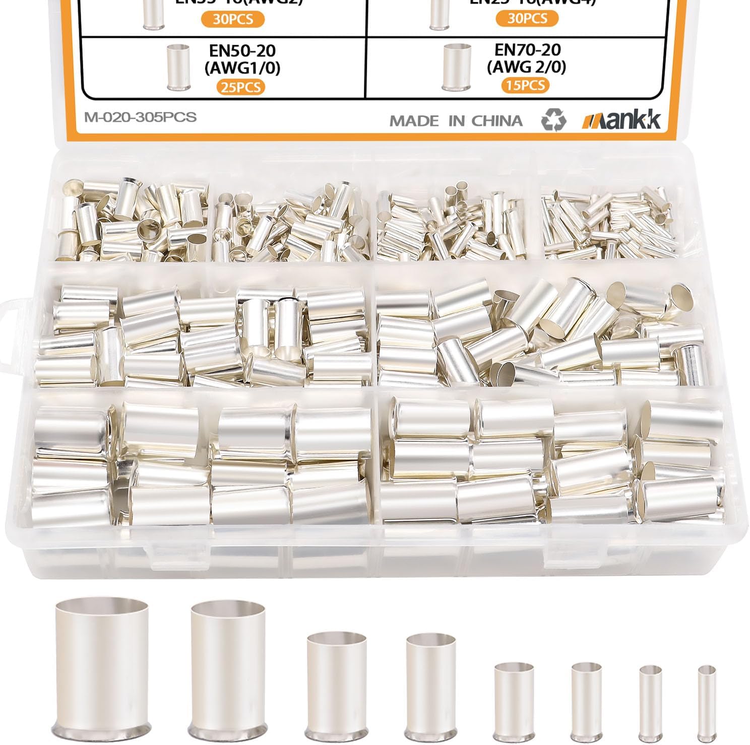 mankk 305 Pcs Wire Ferrules Kits Silver Plated Copper Crimp Terminal Connector 8 Sizes AWG (1/0 2/0 2 4 6 8 10 12) Sleeves Insulated Cord Pin End Terminal
