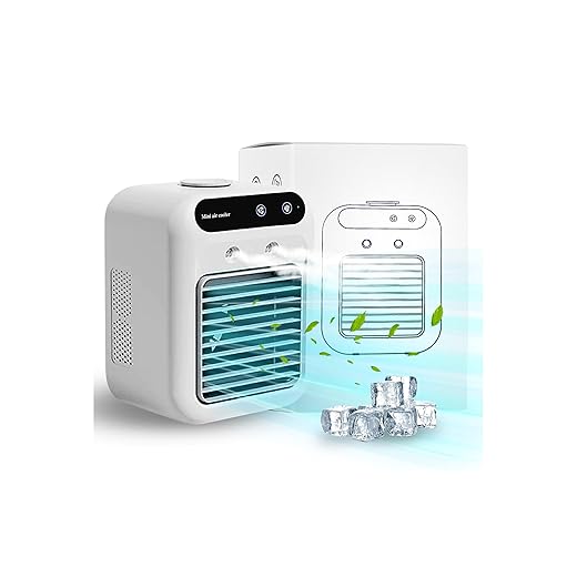 Portable Air Conditioner, 25W Rechargeable Mini Evaporative Cooler with Dual Mist & 2 Wind Speeds, Personal Cooling Fan for Small Room, Bedroom, Office, Outdoor Camping