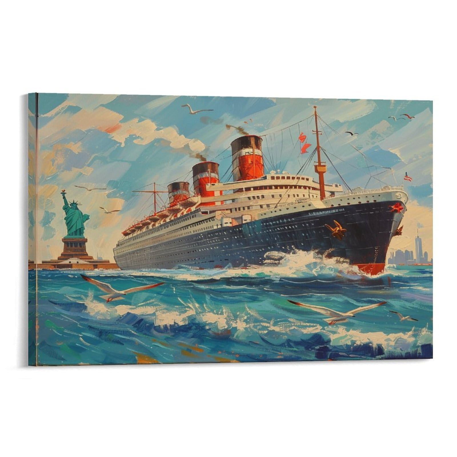 Euumkoo Framed Watercolor Cruise Ship Canvas Wall Art, Vintage Skyline Ocean View Picture Painting On Canvas, Print Poster Decoration Artwork For Home Living Room Bedroom Wall Decor Frame 20X30inch(50X75cm)