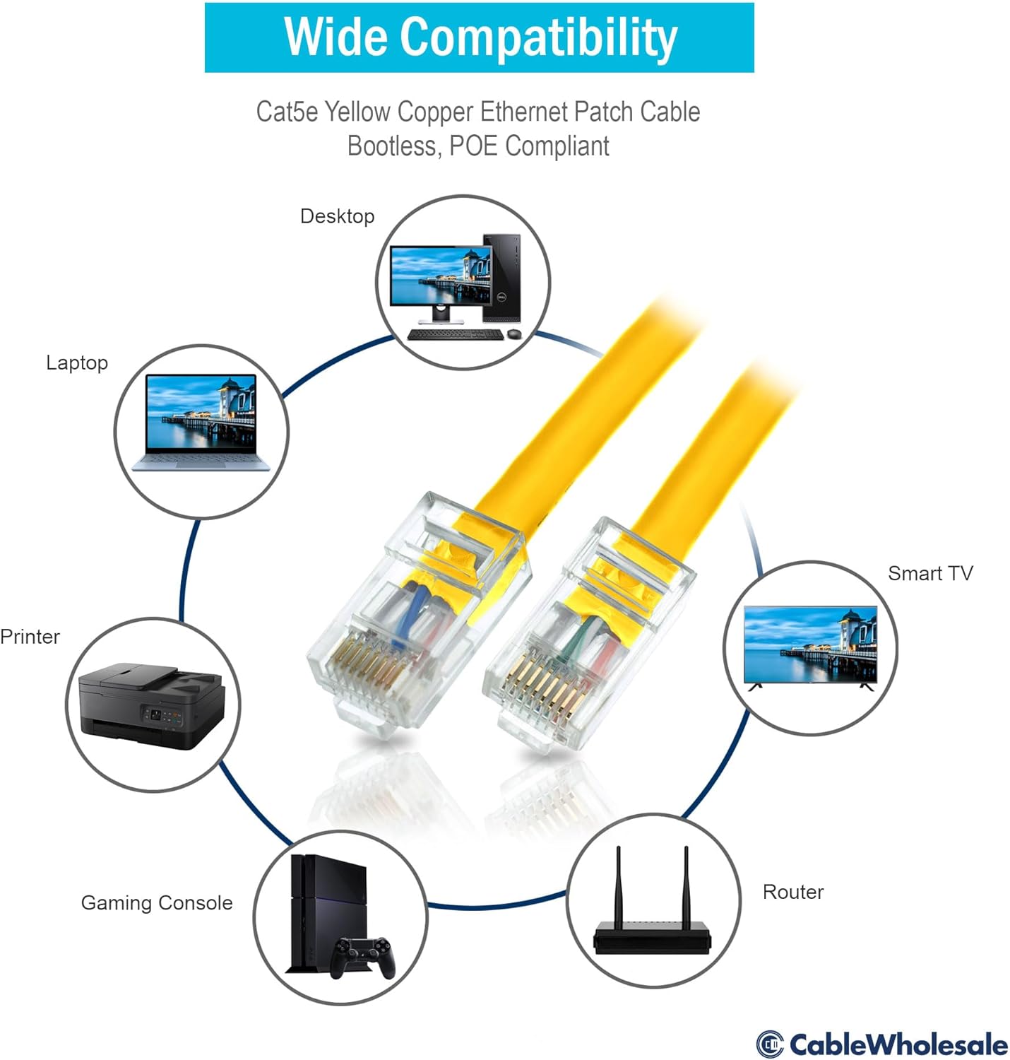 CableWholesale Cat5e Ethernet Cable, 24AWG Network Cable with RJ45 Gold Plated Connector, 4 Pair Stranded Bare Copper, Bootless Unshielded Twisted Pair (UTP) Internet Patch Cable, 100 Foot, Yellow