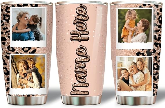 Custom Photo Tumbler, Grandma with Grandkids Picture Cheetah Leopard Glitter Skinny Tumbler Gift for Grandmother Nana, Mothers Day Curve 20oz Insulated Stainless Steel Travel Tumbler with Lid