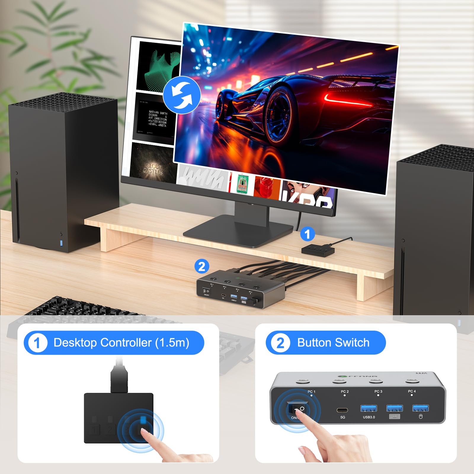 Przełącznik KVM 5G USB3.0 HDMI 8K przy 60 Hz do 4 komputerów, udostępnianie 1 monitora, przełącznik KVM 4 porty z 3 portami USB 3.0 + 1 portami USB-C do udostępniania myszy klawiatury, obsługa
