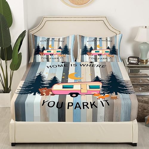 Vista 40 de Erosebridal Juego de sábanas de Happy Camping King, accesorios para cámper para niños, adolescentes y adultos, sábana bajera ajustable de dibujo