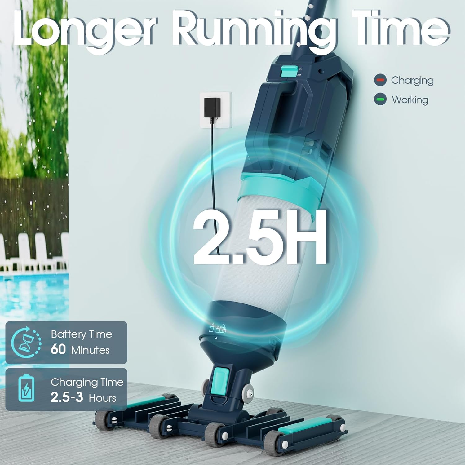 Heavy Duty Handheld Pool Vacuum - 18.9GPM Powerful Suction, 25µm Ultra Fine Mesh Filter for Smaller Debris, 14'' Wide Vacuum Head, 60mins Running Time (Blue)