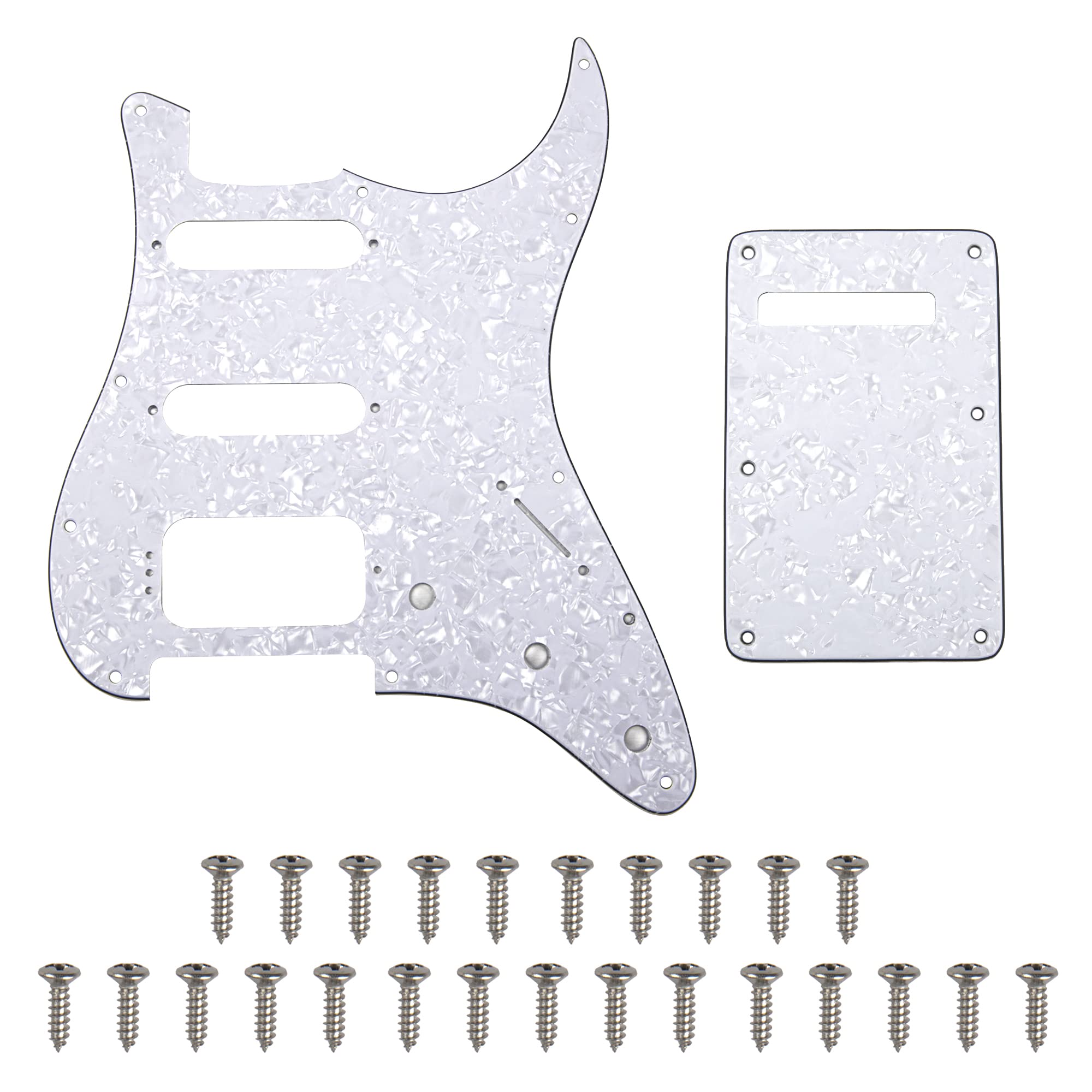 1Pcs Yootones 11 Hole Round Corner HSS Pickguard Guitar BackPlate Set with Pickguard Screws Compatible with USA/Mexican Stratocaster Strat Mounting Open Pickup (4Ply White Pearl)