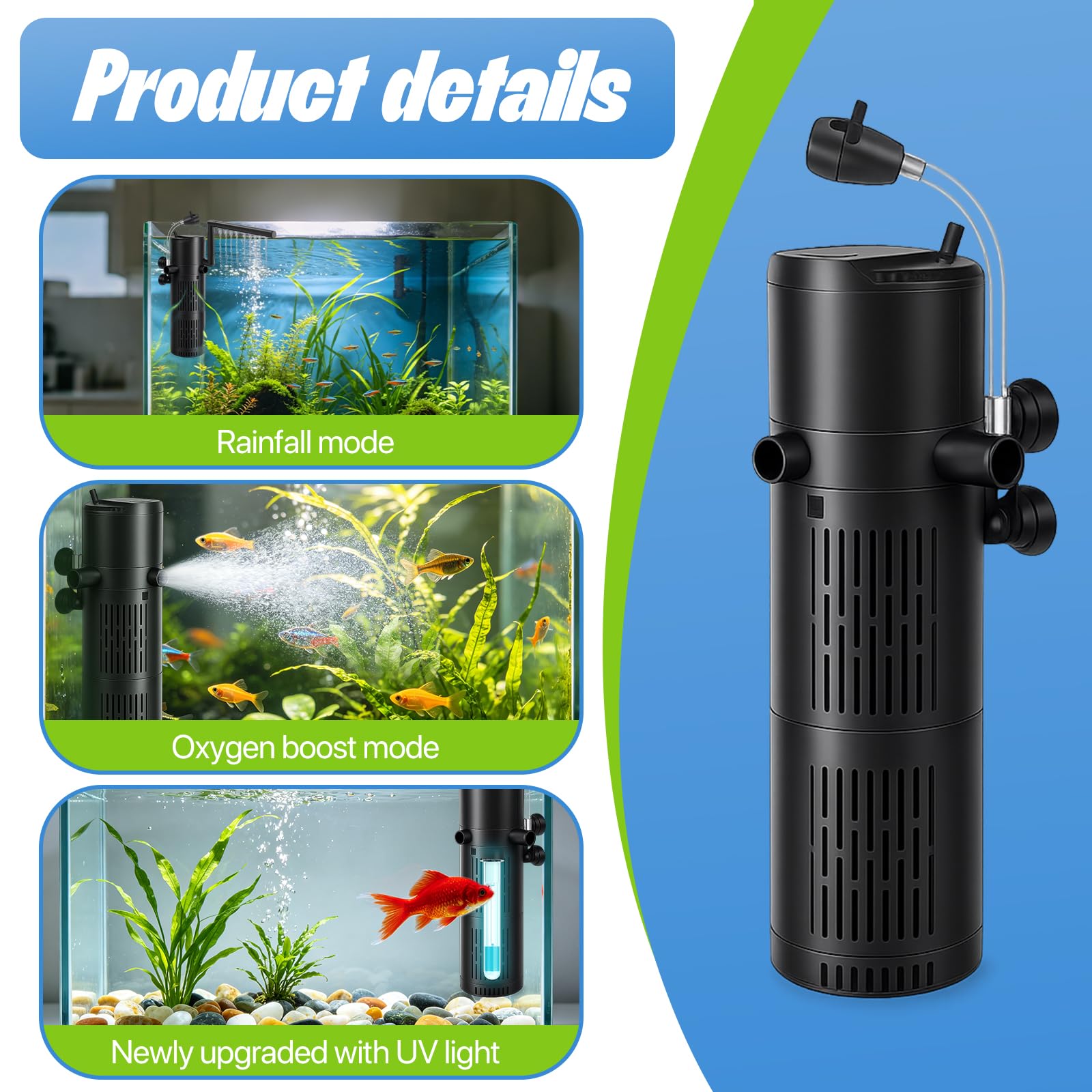 RoserRose Filtro per acquario con sterilizzatore UV da 6 W, 800 l/h, filtro interno 4 in 1, pompa dell'acqua, ventilazione e formazione d'onde, silenzioso, filtro per acquario con timer, per acquario