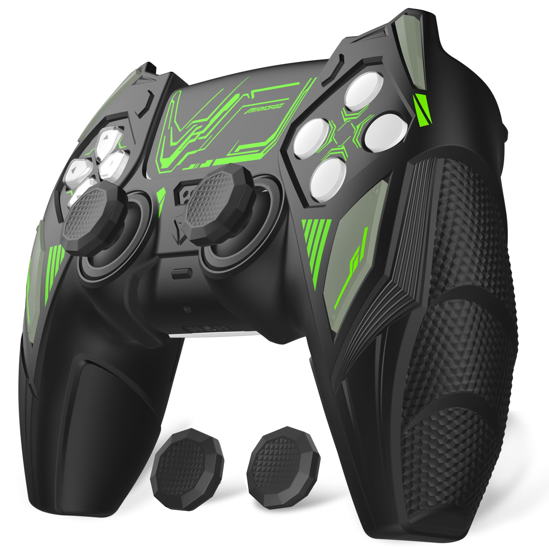 PlayVital Mecha Rhino Silikonhülle für PS5 Controller, Anti-Rutsch-Schutzhülle Case mit Thumb Grips und Aufklebern, Griffe Skin Zubehör für PS5 Wireless Controller Passend zur Ladestation-Schwarz&Grün