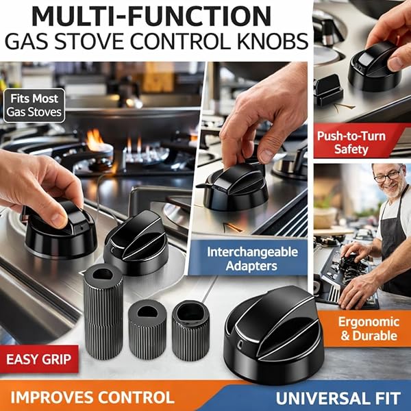 Kit of 2 Universal Gas Hob Knobs with 6 mm, 7 mm and 8 mm Adapters, for Almost All Stoves, Ovens, Gas Stoves (Black) - 5