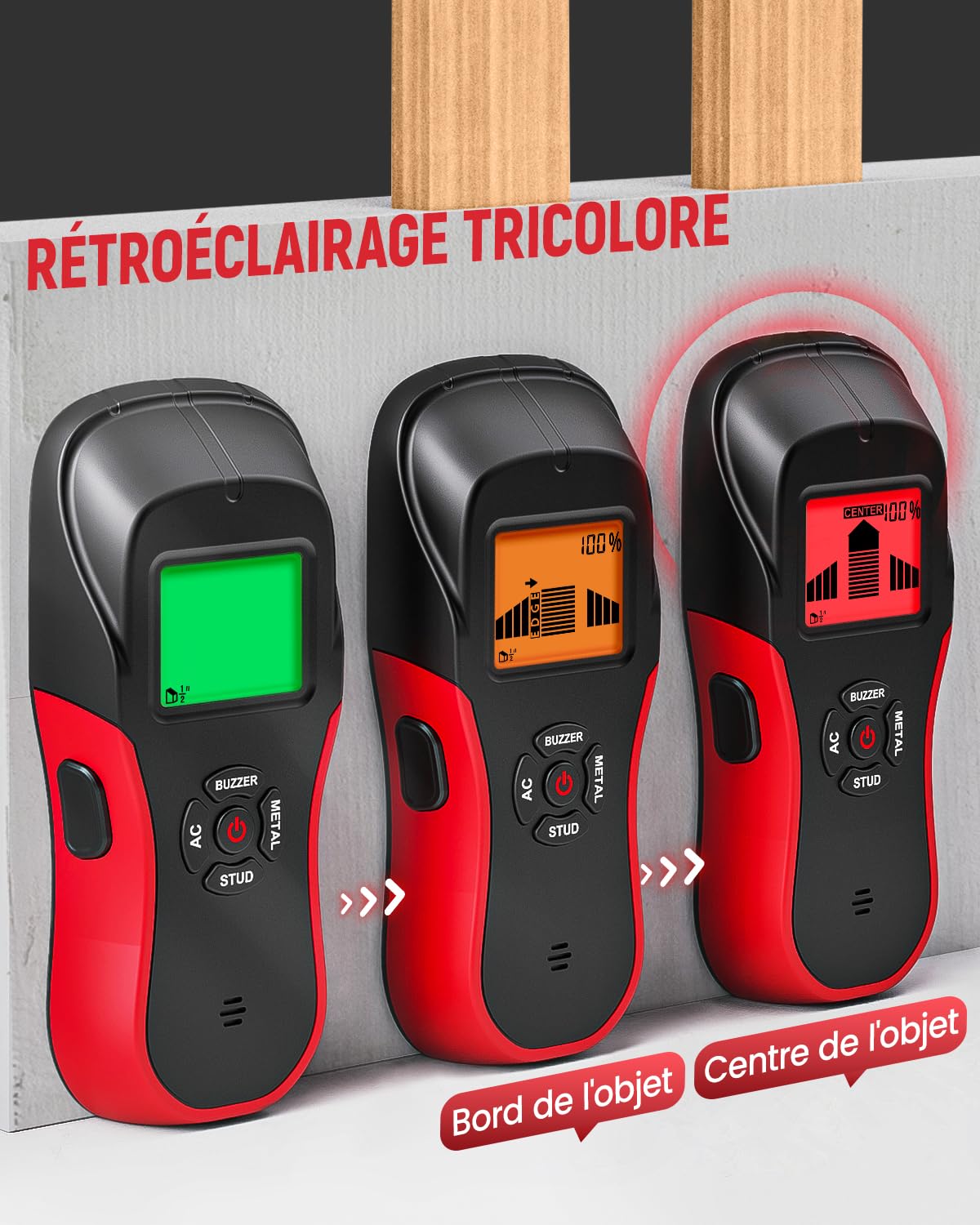 KAIWEETS Détecteur Mural, Détecteur de Construction Multifonction avec Écran HD LCD et Alarme Sonore, Scanner Mural pour Testeur de Bois, Métaux, Fil CA (Noir + Rouge)