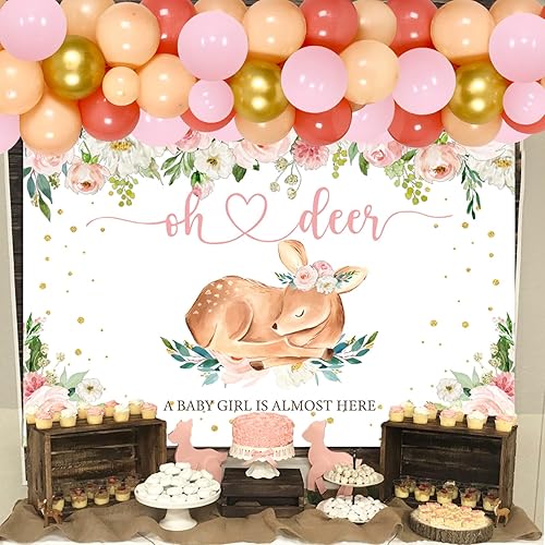 Miniatura 4 de Decoraciones de ciervos para baby shower para niña, kit de arco de guirnalda de globos de ciervo con telón de fondo rosa para cervatillo, animales,