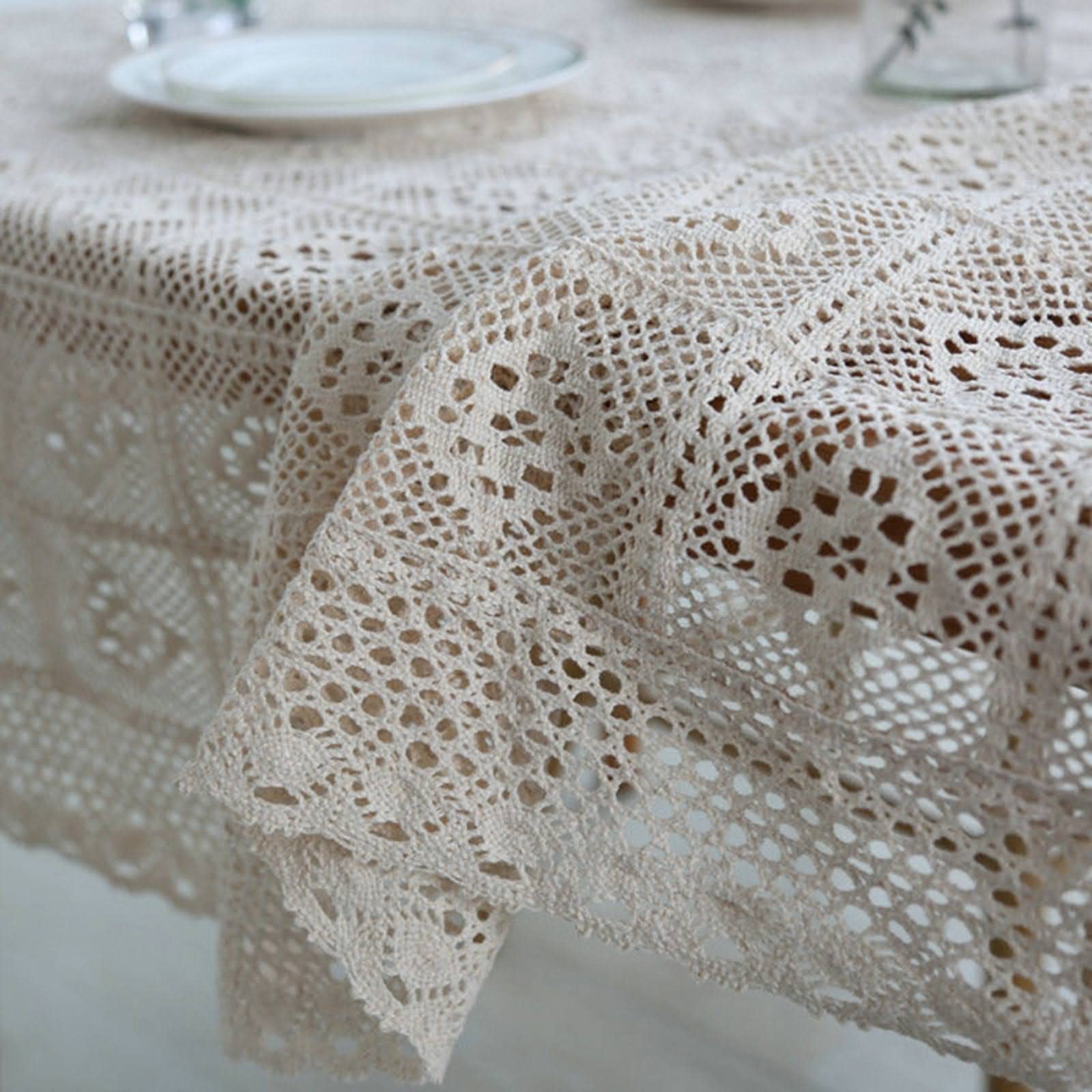 Juego de mantel grande de algodón, 180 x 180 cm, diseño de flores huecas de encaje, desechable, protector de mesa para exteriores, decoración de mesa con clips para fiestas y eventos