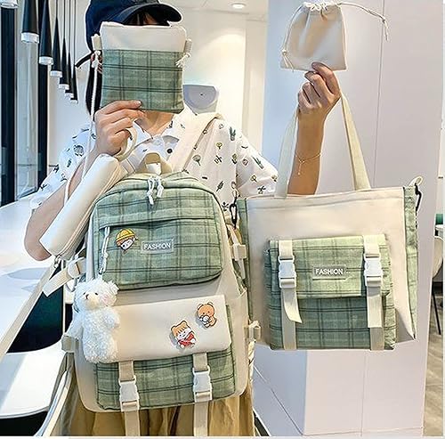 Miniatura 2 de Paquete de 5 mochilas escolares kawaii con bonitos alfileres colgantes de oso a cuadros, suministros de regreso a la escuela, mochila escolar de