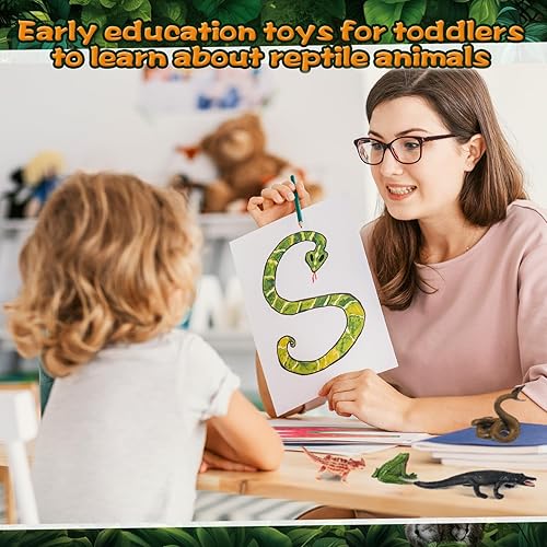 Miniatura 7 de Sratte Juego de 26 figuras de anfibios de sangre fría, kit de árboles modelo con Komodo dragón, lagarto, serpiente, camaleón, juguete, kit de