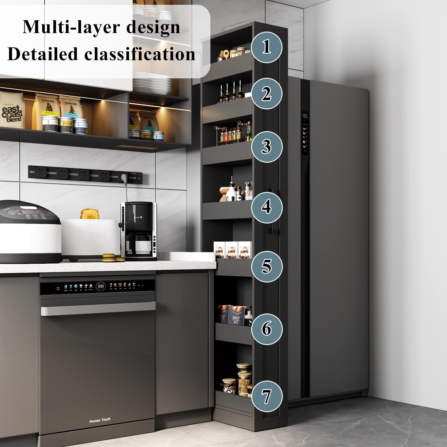 7 Tier Slim Storage Cart with Wheels, Rolling Spice Rack Next to Fridge, Sided Open Shelf, Slim Rolling Storage Cart for Kitchen, Living Room & Narrow Spaces (7 Ties Black-A)