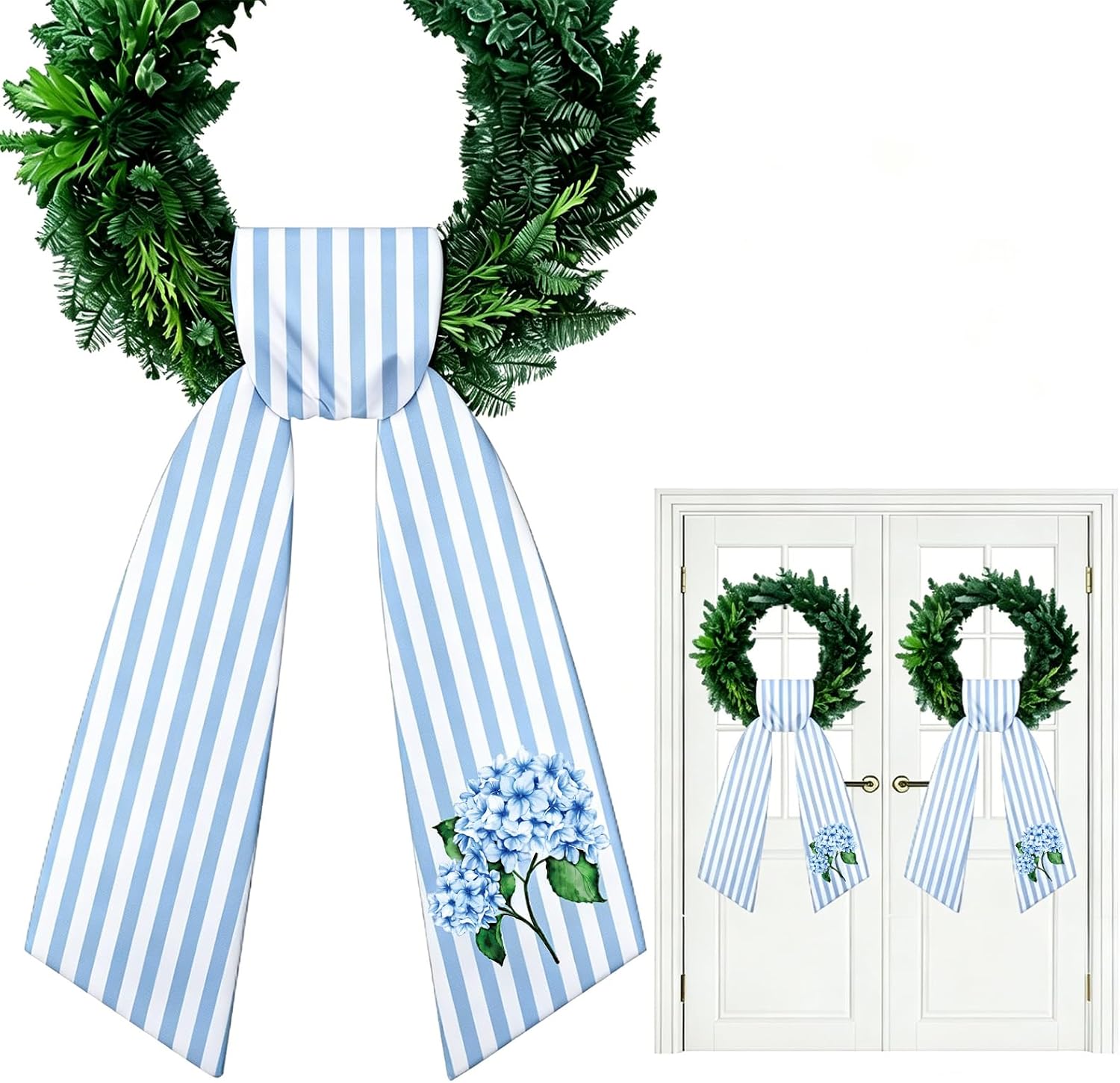 JarThenaAMCS 2 Pcs Hydrangea Flower Wreath Sash for Front Door Blue Stripe Garland Floral Wreath Ribbon for Summer Spring Holiday Themed Party Home Decor Indoor Outdoor
