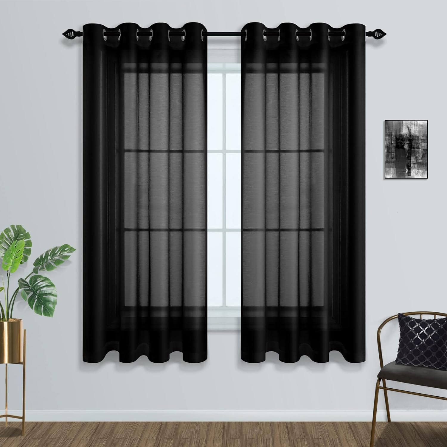 Black Sheer Curtains 45 Inches Long for Kitchen Bedroom