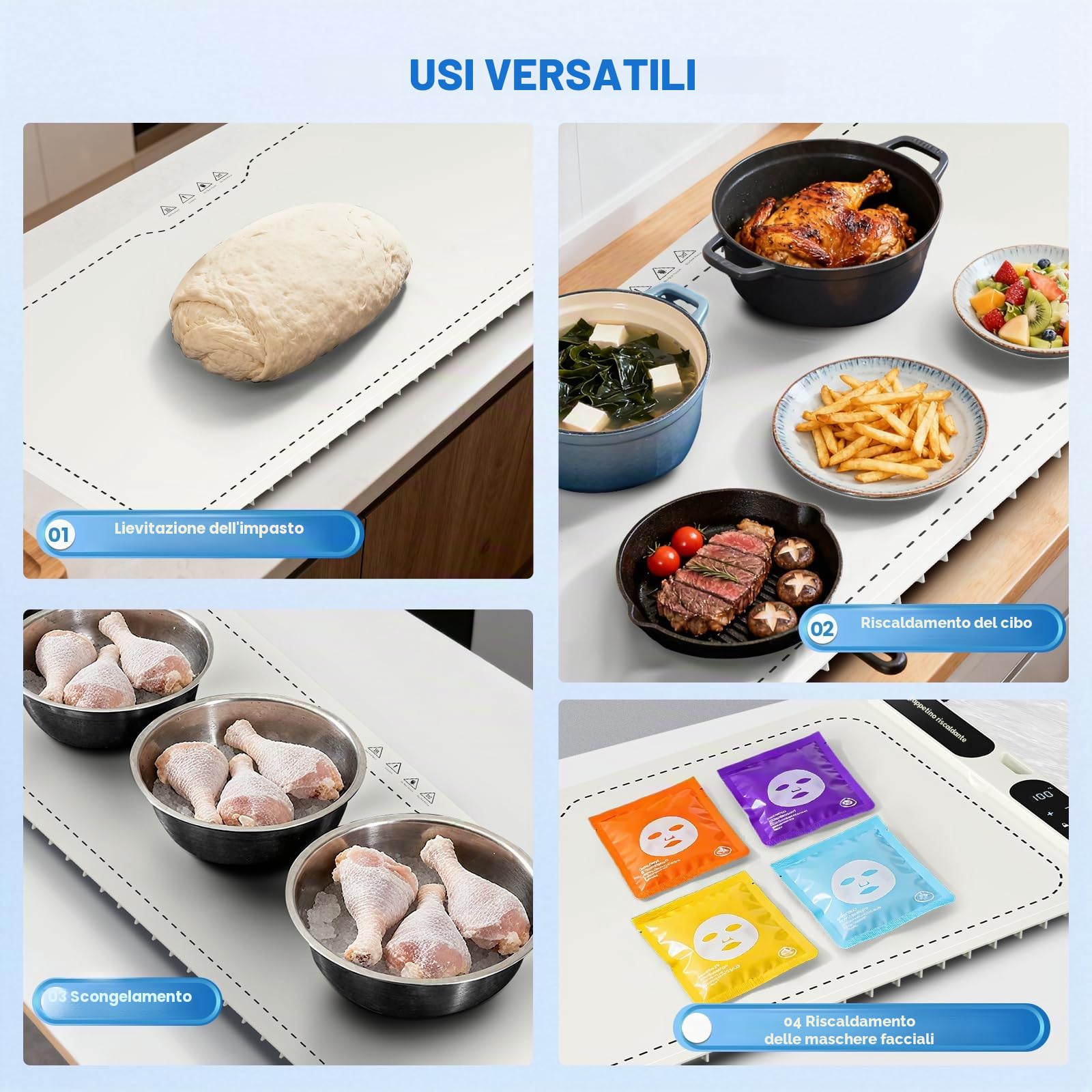 Warming board 10S - Tappetino riscaldante per alimenti e piastra termica, grande tappetino elettrico con 7 tempi e 8 impostazioni timer, in silicone flessibile, colore bianco