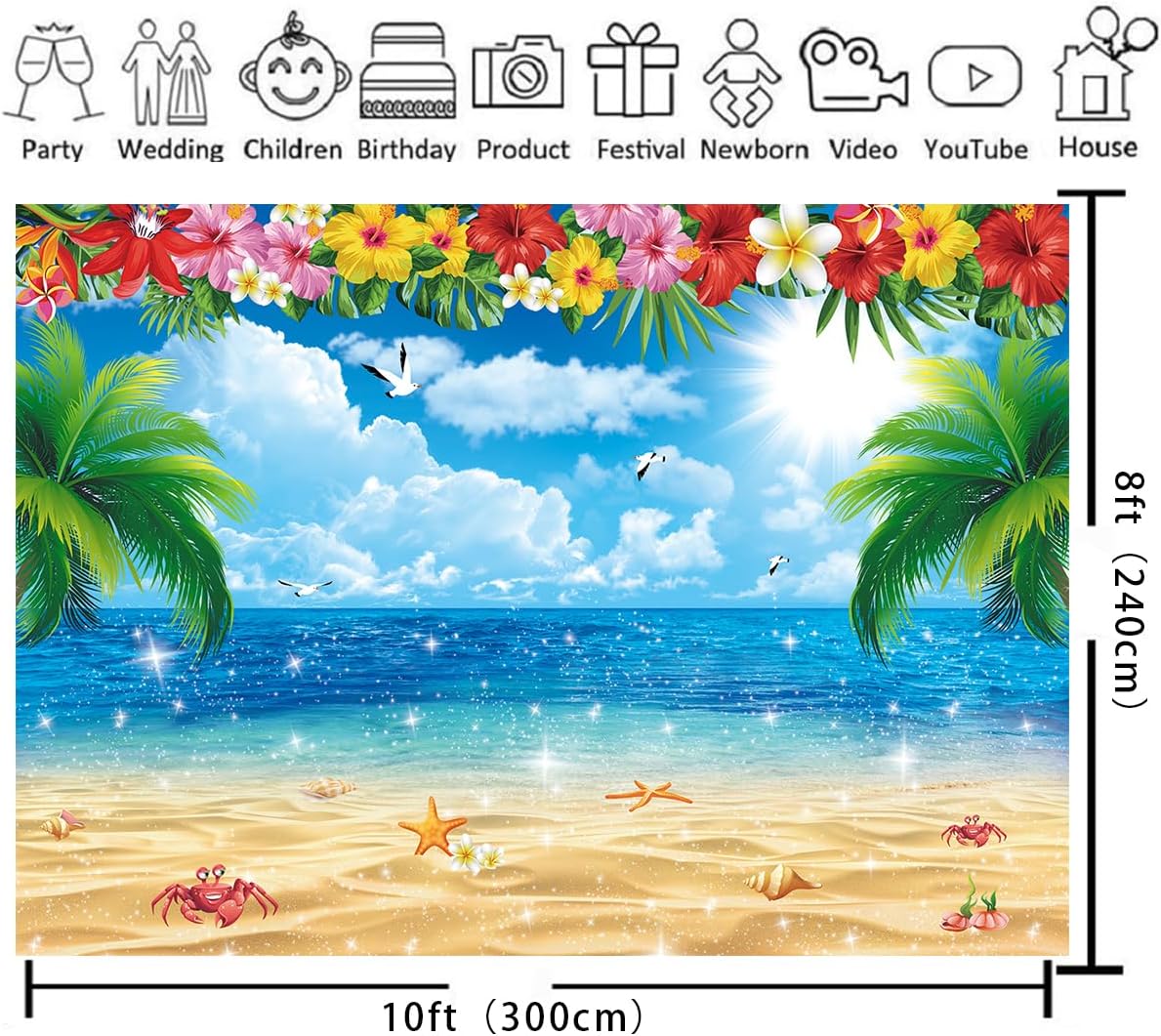 XCKALI Summer Hawaiian Beach Backdrop Tropical Flower Palm Ocean Birthday Luau Party Decoration Summer Beach Children Photography Kids Baby Shower Decoration 10x8FT