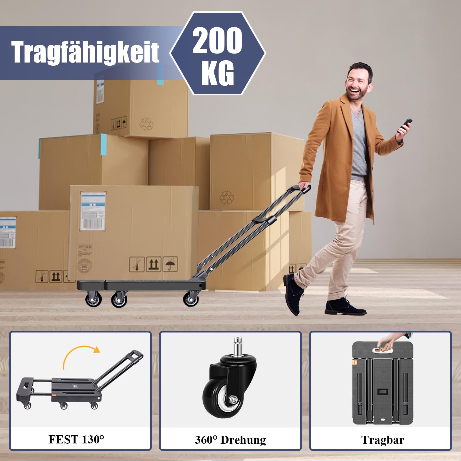 Sackkarre Klappbar, Transportwagen 200KG, Sackkarren Klappbare mit 6 Universal-Räder, Plattformwagen mit Verstellbarer Deichsel, 2 Flexibles Seil, für Gepäck, Einkaufen, Auto und Umzug, Schwarz