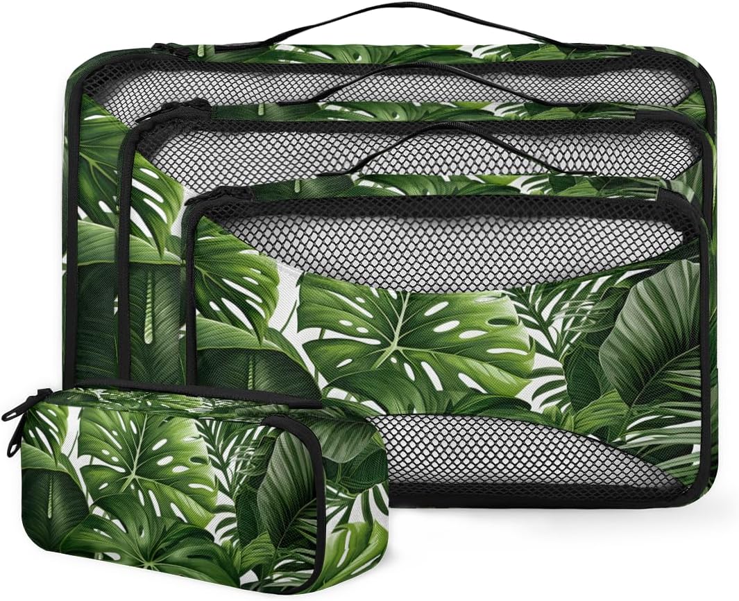 Green Palm Leaves 4 Set Packing Cubes Packing Cubes for Women Lightweight Travel Essential Bag Clothes Carry on Suitcase Bags for Accessories Essentials