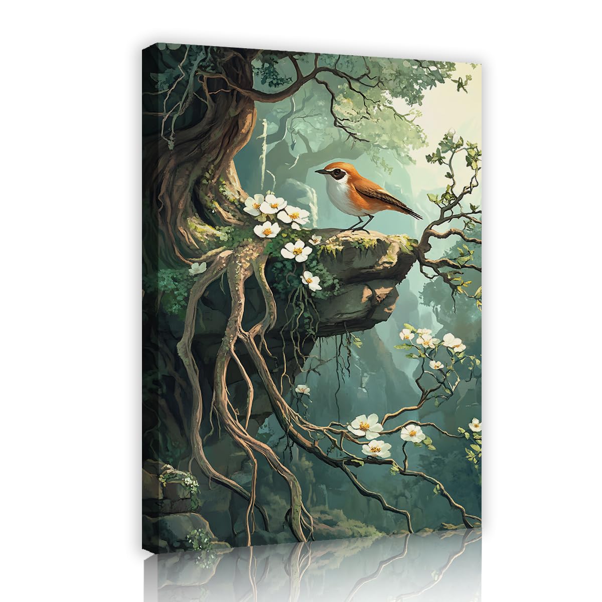 TOANGWALL Forest Bird Canvas Wall Art Orange Songbird Painting Ancient Tree Roots Graphic Illustration Mural Pictures Modern Framed Poster Prints For Lounge Study Decor 60x90cm