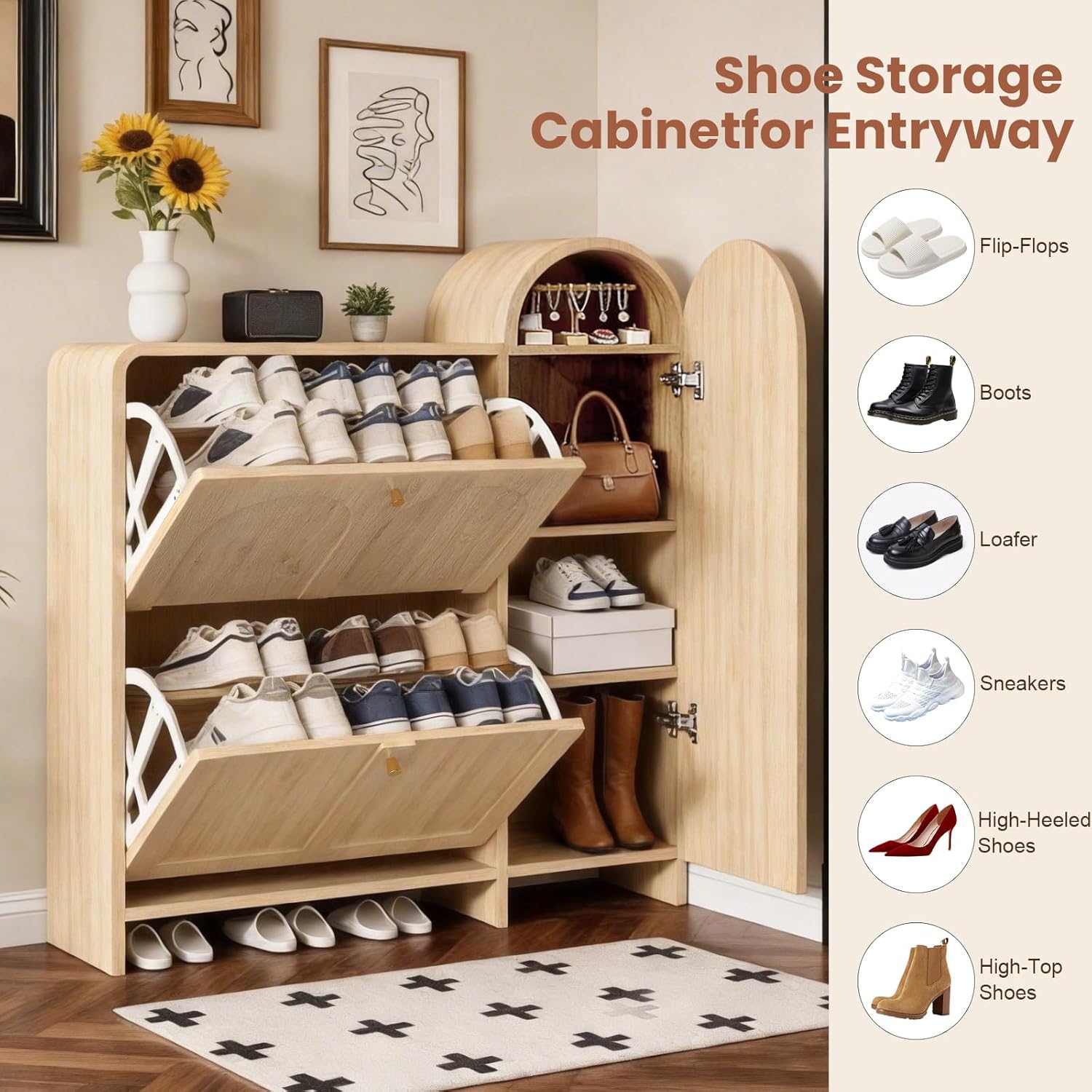 Arched Cabinet with Doors-Shoe Cabinet,Hidden Shoe Rack,Shoe Stand for Entryway Compact Shoe Storage in Oak Finishes,Mid-Century Style for Entryway