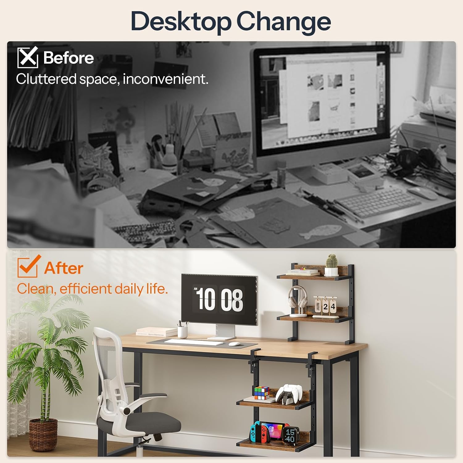 HOOBRO Clamp On Desk Shelf, 2-Tier Desktop Organizer, Space-Saving Desk Shelf with Adjustable Shelves, for Office, Study, Entertainment Accessories, Rustic Brown and Black BF32SJ01