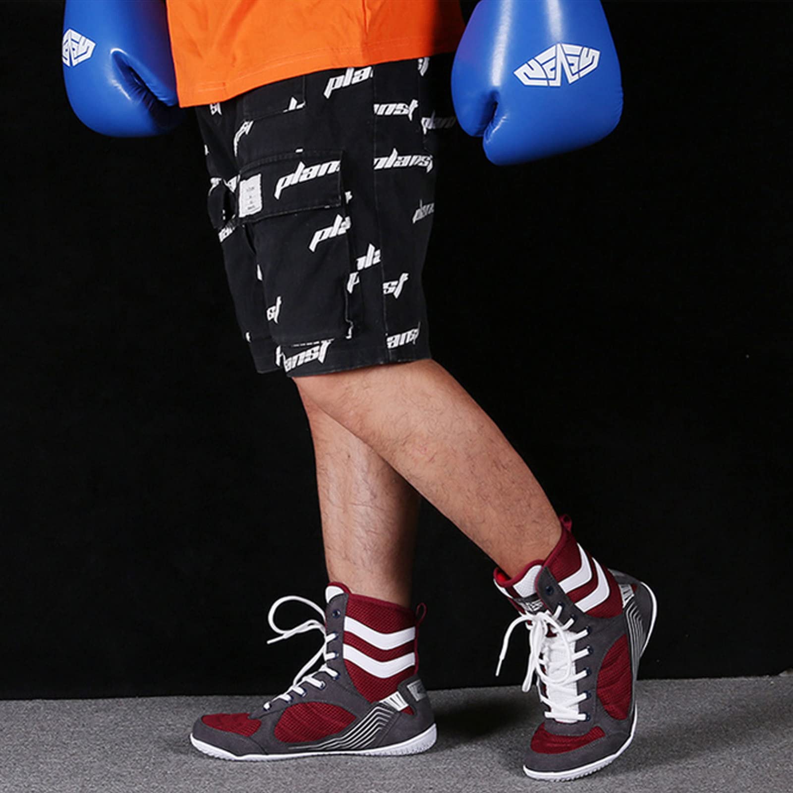 EMDPBD Wysokie buty bokserskie, męskie buty bokserskie, antypoślizgowa gumowa podeszwa, buty treningowe bojowe, czerwono-szare, rozmiar 44