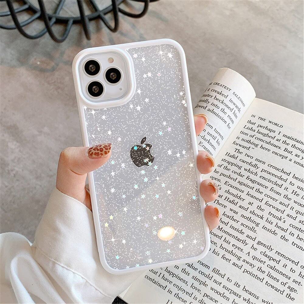 OWM iPhone 14 PRO MAX Case Clear Back Glitter Bling Star Sparkly Bumper Crystal Shockproof Silicone Slim Phone Cover Women Girls Case for iPhone 14 Pro Max (White)